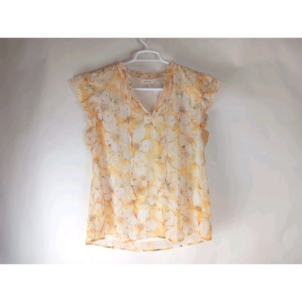 Tamara H Women's Yellow V-Neck Floral Flutter Blouse sz XL